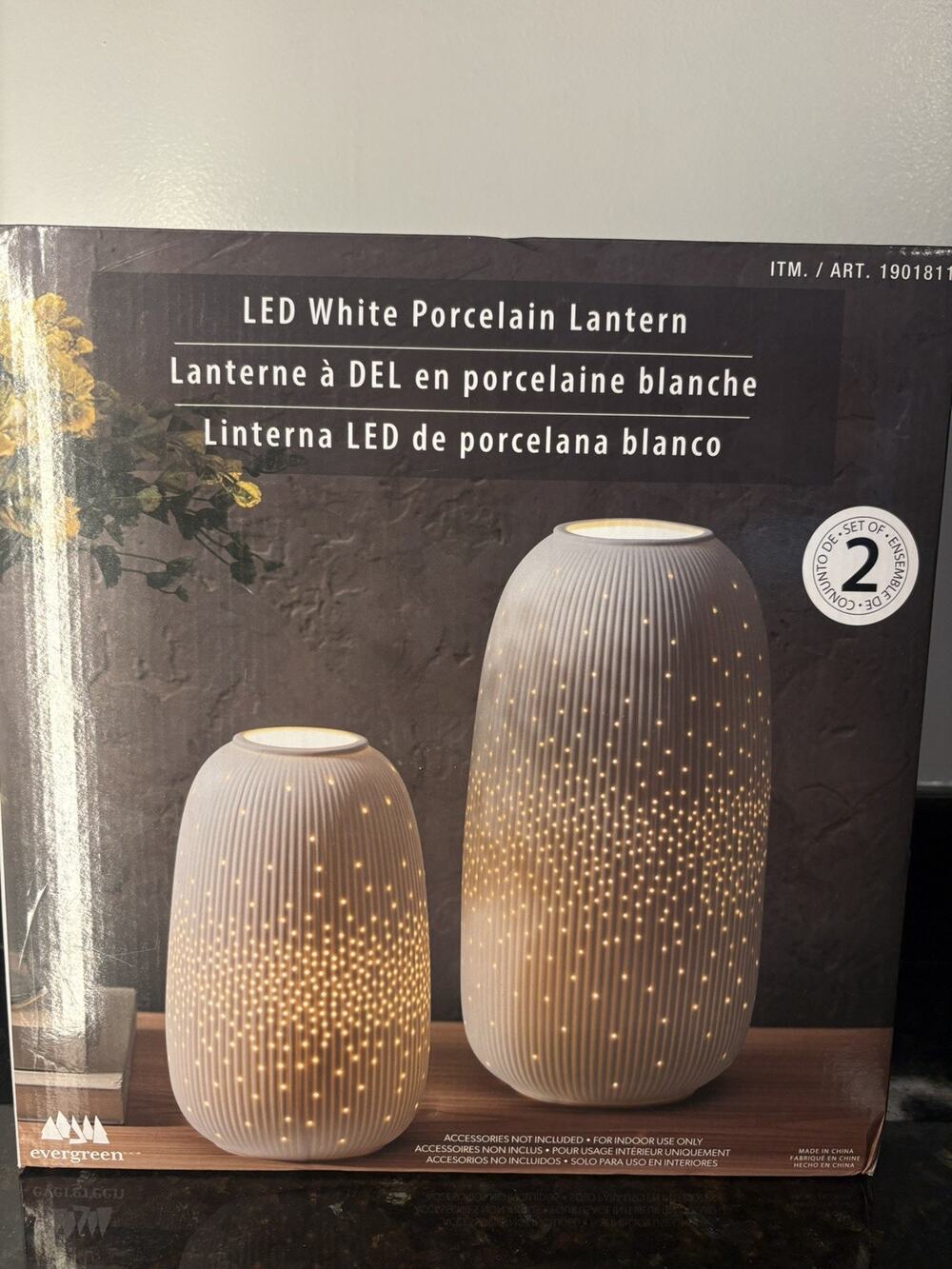 Set of 2 Evergreen LED Porcelain Lantern - Handmade Porcelain Lantern, WHITE